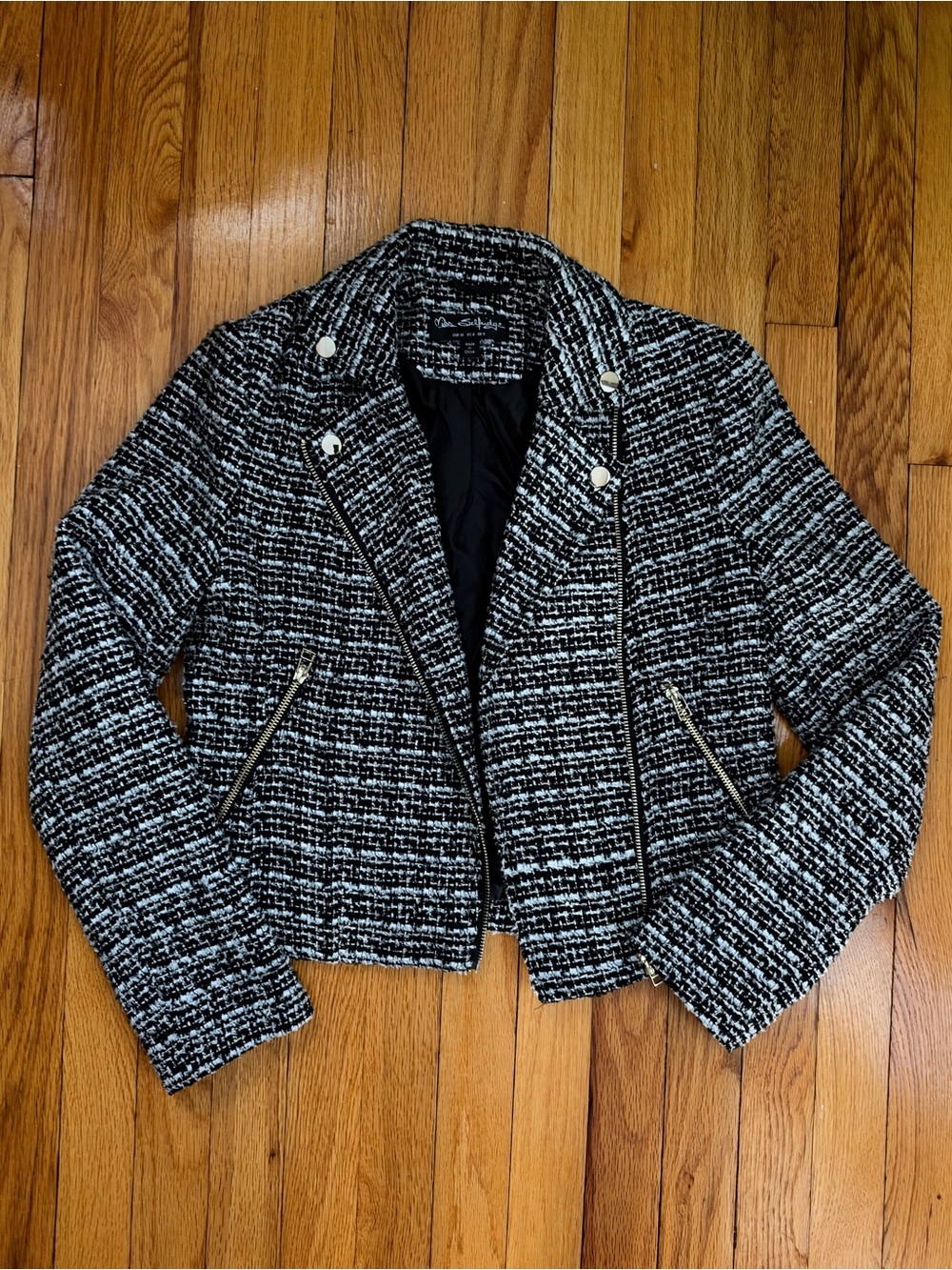 Miss Selfridge Black & White Tweed Asymmetrical Zip Moto Jacket Cropped Blazer
